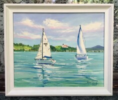 Tihanyi vitorlások c. Balaton olajfestmény [Papp Tünde]