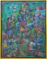 105x85cm ! Tóth Ernő (1949 - ) A Bohóckirály c. olaj/vászon festménye EREDETI GARANCIÁVAL !