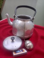 Retro aluminum rural kitchen tool: retro teapot with bakelite knob, tea with egg