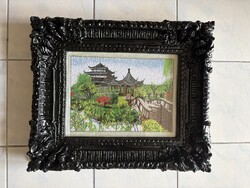 Chinese Caterpillar Silk Painting in a Beautiful Black Frame