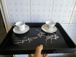 Kínai lakkfa tálca gyönyörű festett jelenettel, kínáló tálca, kávés, teás, likőrös kínáló célra