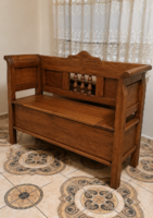 Folk Style Horse Cart Wooden Chest, with Arms, Armchair, and Lid-Opening Storage Bench