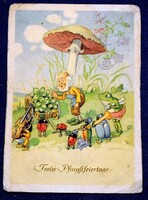 Régi Húsvéti üdvölő grafikus képeslap  -  gomba , békák, manó , katica, lóhere  ~1950