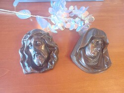 Vintage/Antique religious metal wall plaque pair: Jesus and Mary bas-relief