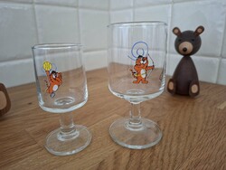 2db szépséges retro talpas pohár, pezsgős, boros pohár a szöüli olimpia kabalaállatával díszítve