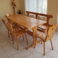 Rusztikus tömör kőrisfa étkezőgarnitúra (asztal + 4 szék + pad)