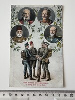 -AX798- Központi hatalmak I. világháborús szövetség katonai uralkodói propaganda művészlap 1914