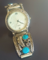 Retro Ezüst Karóra Türkíz Navajo Őslakos Amerikai 925 Sterling Siver Watch