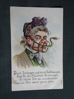 Képeslap,litho,Selmar Bayer grafika,szatirikus,antifeminista,vicc,humor,újévi,pletykás nő,1910-