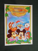 Képeslap,Walt Disney,rajzfilm,mesefigura,Miki egér,Mókus,Donald kacsa,télapó,ünnepi,karácsony, 1990-