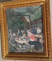 Pólya jelzéssel: Étterem kerthelységében , életkép . JAN STEEN holland festő képének másolata