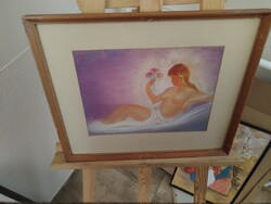 (K) Female nude pastel painting 43x36 cm with frame