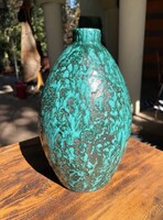 Régi Art Deco türkizkék/zöld kerámia váza tojásdad forma iparművész váza retro vintage