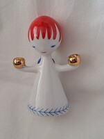 Ritkább festésű, Hollóházi art deco gyertyatartó angyalka porcelán figura