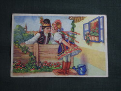 Képeslap,Tury József grafika,művészet,gyerek modell,kisfiú,kislány,népviselet,1940-