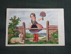 Képeslap,Tury József grafika,gyerek modell,kislány,bárány,népviselet,ünnep,húsvéti,1940-