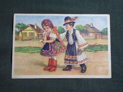 Képeslap,Tury József grafika,művészet,gyerek modell,kisfiú,kislány,népviselet,ünnep,húsvét,1940-
