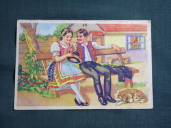 Képeslap,Tury József grafika,művészet,férfi,női modell,népművészet,népviselet,1940-