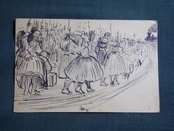 Képeslap,tusrajz,grafikai,Osztrák Magyar hadsereg,bucsú,hadba vonulás,1914-