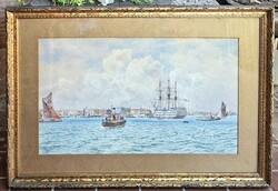 Martin Snape (1852-1930): Kikötő - antik akvarell, szép keretben - hajók, tenger, Nagy-Britannia
