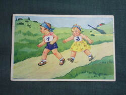 Képeslap,grafikai,művészet,gyerek modell,kislány,kisfiú,futóverseny,1940-
