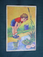 Képeslap,Tury József grafika,gyerek modell,kisfiú,béka,horgászat,1940-