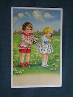 Képeslap,litho,grafikai,művészet,gyerek modell,kislány,virág,1930-
