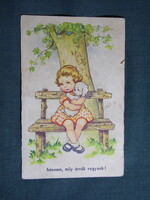 Képeslap,grafikai,művészet,gyerek modell,kislány,kutya,1940-