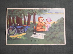 Képeslap,grafikai,művészet,gyerek modell,kislány,kisfiú,motorkerékpár,piknik,1940-