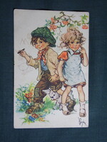 Képeslap,grafikai,művészet,gyerek modell,kislány,kisfiú,kutya,virág,1940-