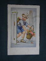 Képeslap,grafikai,művészet,gyerek modell,kisfiú,virág,1940-