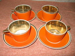 Retro Hollóházi porcelán narancs-arany mokkás szett 4 db