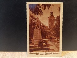 Abaújszántó régi képeslap - Róm. kat. templom és a Hősök szobra