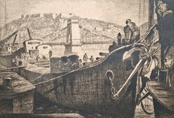Horváth Endre (1896-1954): Budapesti kikötő (rézkarc) a zseniális bankjegy és bélyegtervező műve!