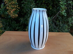 Hollóházi porcelán fekete-fehér csíkos retro váza