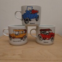 3db Alföldi autós porcelán bögre. Renault, Morris,Rolls-Royce