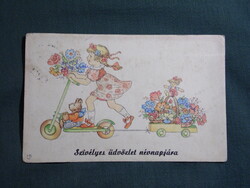 Képeslap,grafikai,művészet,gyerek modell,kislány,virág,roller,ünnep,névnap,1940-
