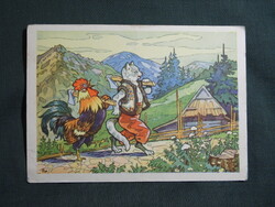 Képeslap,Oroszország,L. Szkljutovszkij grafika,A kandúr és a kakas Ukrán népmese,1960-