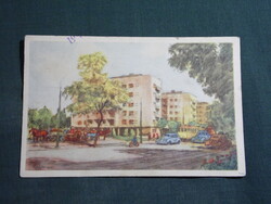 Képeslap,Zádor István grafika,Budapest,Lehel utcai élmunkás házak,1954-