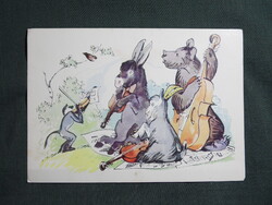 Képeslap,Oroszország,N. Sztroganova grafika,Krilov,A kvartett mese,majom,szamár,medve,kecske ,1967-