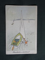 Képeslap,Tóth József grafika,humor,vicc,Balaton,vitorlás hajó,1960-