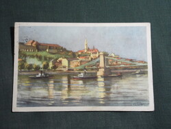 Képeslap,Zádor István grafika,Budapest,Várhegy,Lánchíd látkép,részlet,1954-