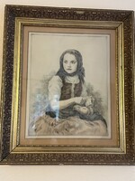 Glatz Oszkár - Prihoda István: Almahámozó kislány, színezett rézkarc