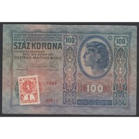 Csehszlovákia,100 kronen/korona 1919 - CSEHSZLOVÁK FELÜLBÉLYEGZÉS F