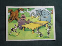 Képeslap,Oroszország,A. Bazhenov grafika,Pingpong bajnokok,nyúl,viziló,elefánt,1961-