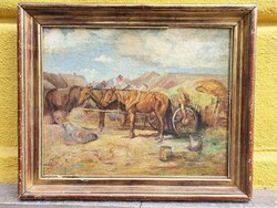 Gutaházy Németh Gyula (1892–1959) – Lovak szénásszekér mellett, olaj-vászon festmény, jelzett, erede