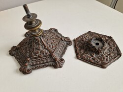 Antik öntött sárgaréz / bronz lámpatalp és mennyezeti baldachin (XIX. sz. vége)