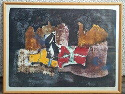 László Dús (1941-): Composition - large-sized colorful print, 98x74 cm with frame