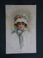 Képeslap,litho,grafikai,gyerek modell,kislány virágos kalapban, 1920-