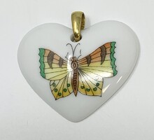 Herendi jelzett porcelán szív alakú medáll, Viktória pillangó mintával RZ
